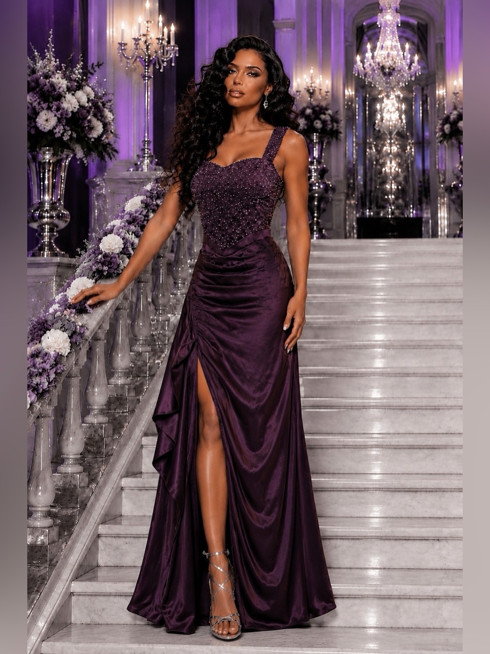 Beaded Plum Satin Gown with Side Slit – Women Dresses Wedding